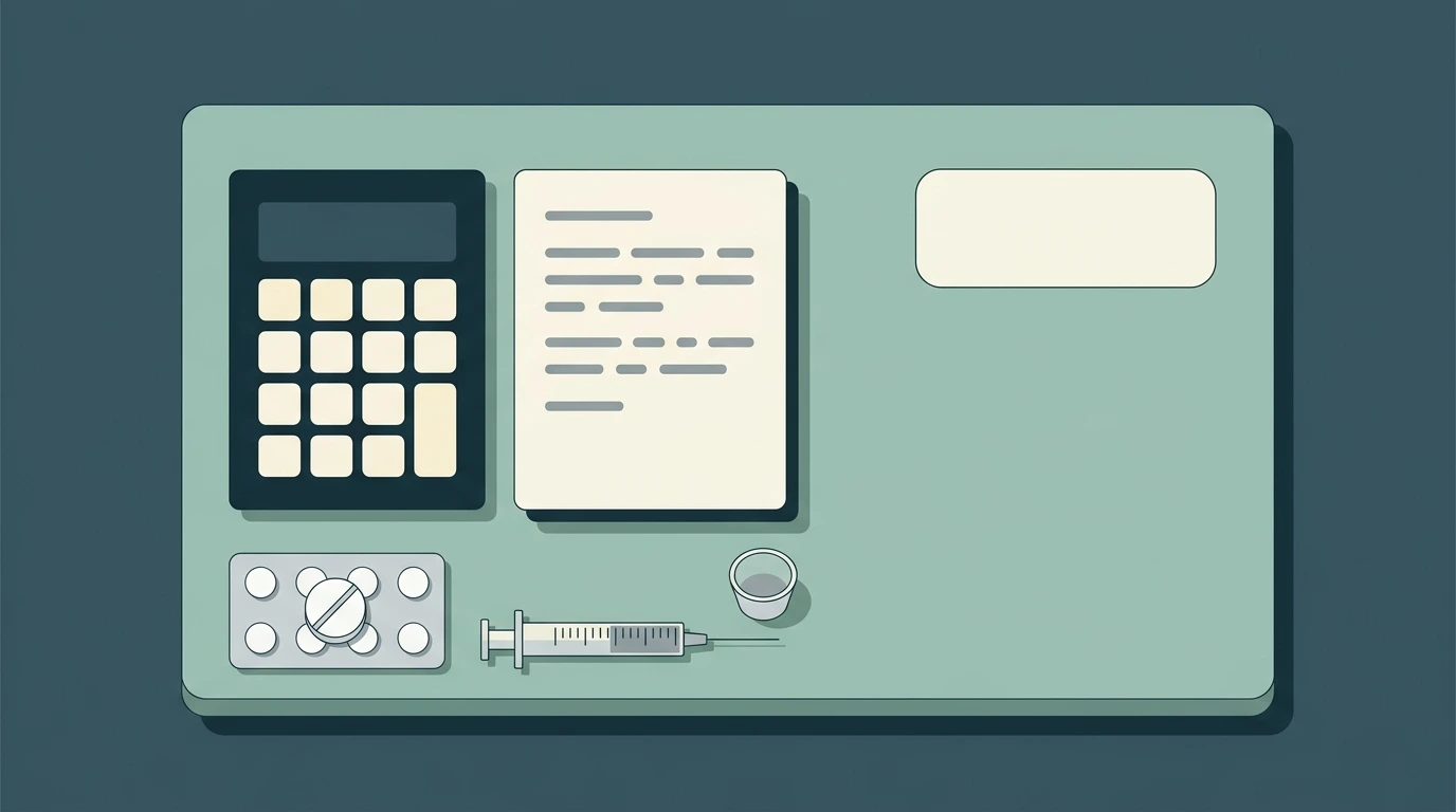 A test centre desk seen from above: a calculator whose keys carry no symbols, a note board covered in abstract working, a blister pack with one scored tablet, a syringe, a medicine cup and an empty answer field