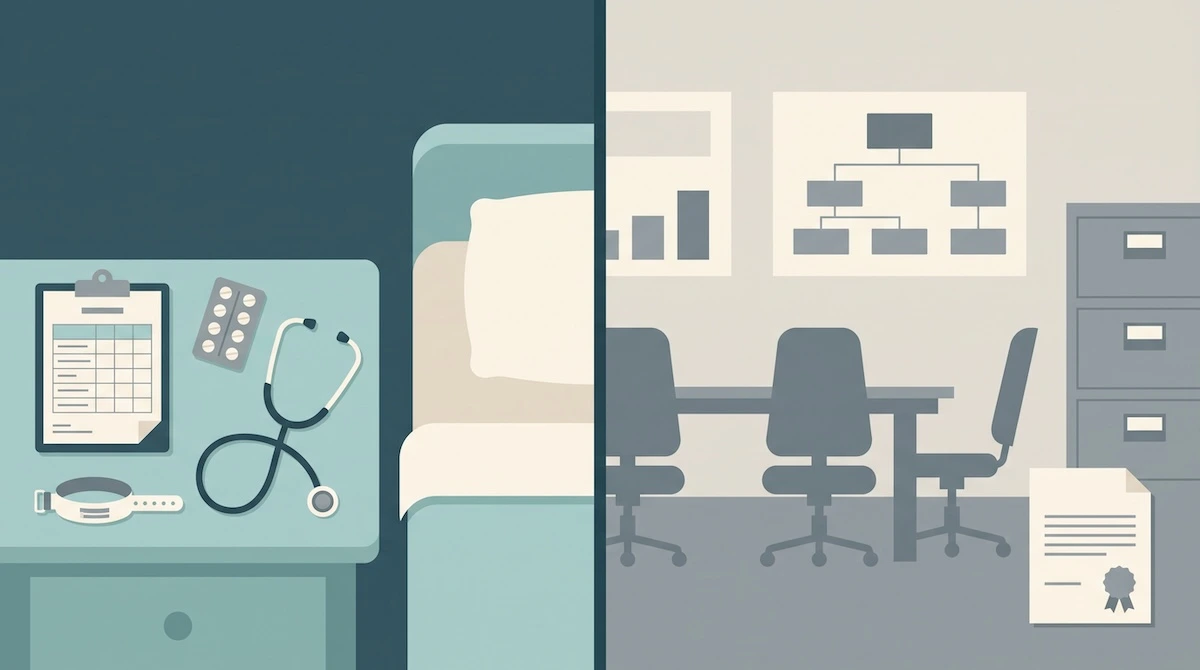 A ward bedside on one side of a dividing line, with an observation chart, a blister pack, a stethoscope and a patient wristband drawn in colour, and on the other side an office faded to grey: a meeting table, an organisation chart and a filing cabinet, out of reach behind the line